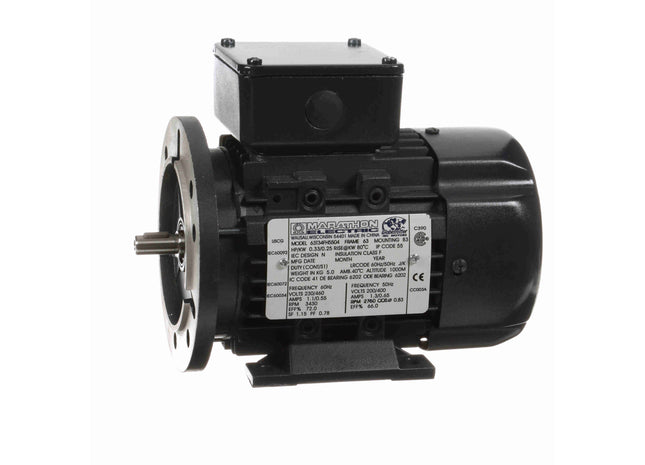 Motor Marathon Globetrotter® IEC de aluminio, 0,33 HP, 3 Ph, 60 Hz, 230/460 V, 3600 RPM, 63 Frame, TEFC Parte: 063T34FH5504